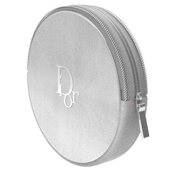 DIOR NEW Shiny Silver Round Small Vanity Cosmetic Travel Pouch - Picture 1 of 8